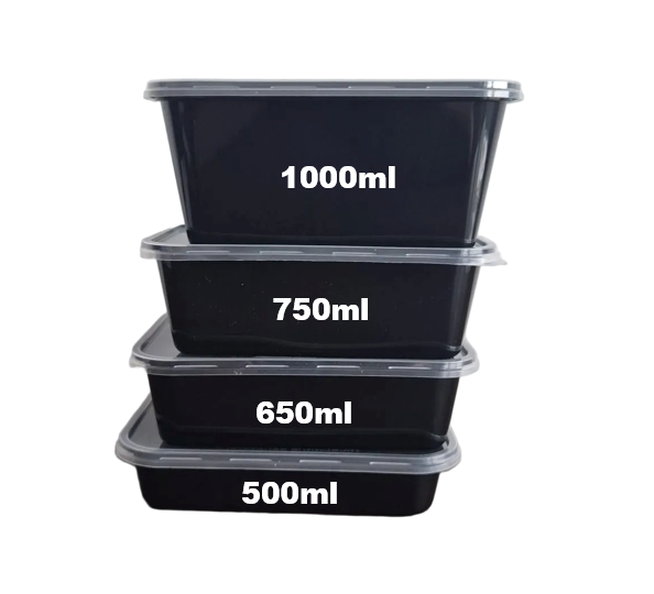 650ml Microwaveable Black Plastic Rectangular Food Container with Lid - 250pc