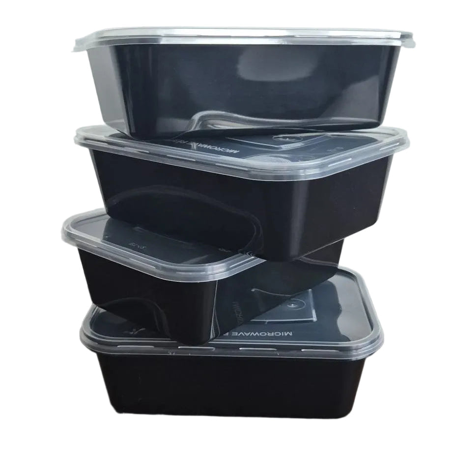 650ml Microwaveable Black Plastic Rectangular Food Container with Lid - 250pc