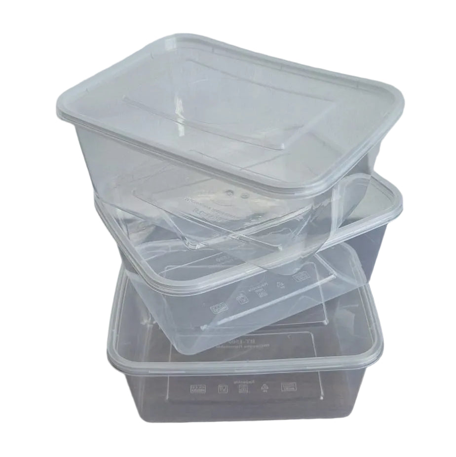 1500ml Microwaveable Clear Plastic Rectangular Food Container with Lid - 150pc