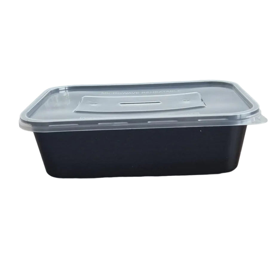 650ml Microwaveable Black Plastic Rectangular Food Container with Lid - 250pc
